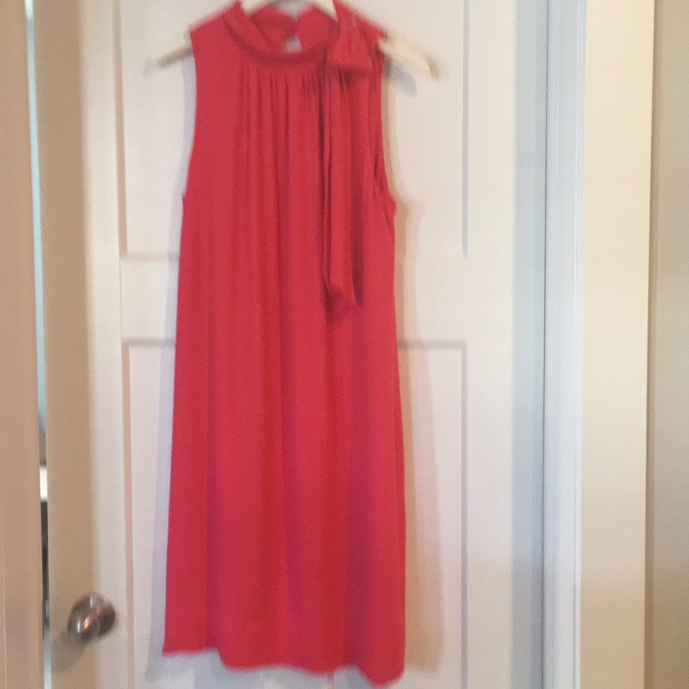Tie  at Neck Sheath Dress ,S-8, Rayon,Coral ,Lined